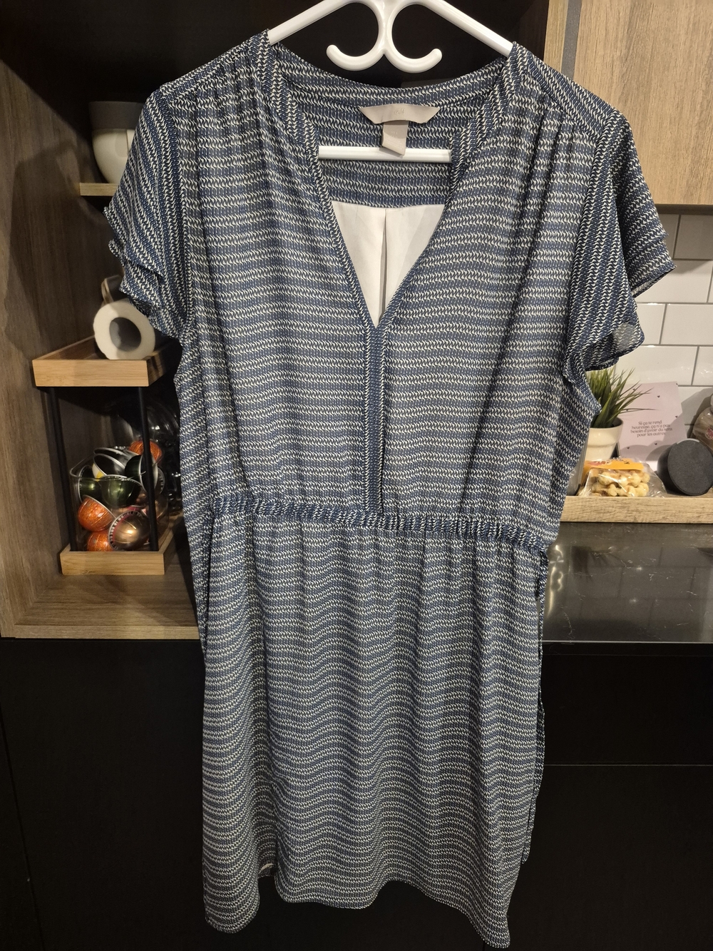 H&M Blue and White Textured Short Sleeve Midi Dress